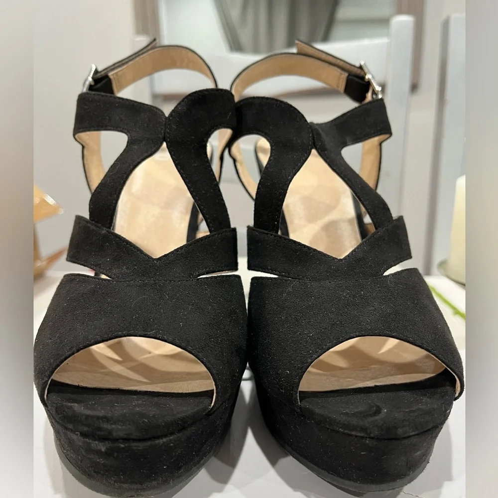 B.P. Ankle strap black‎ vegan suede wedge sandal size 8.5